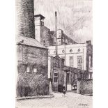 ROGER HAMPSON (1925 - 1996) INK DRAWING 'Caleb Wright's Mill, Ellesmere Street, Tyldesley' Signed,