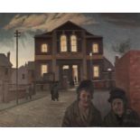 ROGER HAMPSON (1925 - 1996) OIL PAINTING ON CANVAS 'Weslyans', figures departing a church at dusk