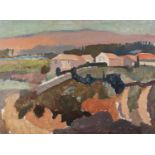 HARRY RUTHERFORD (1903 - 1985) OIL PAINTING ON BOARD Landscape with buildings 17 1/2" x 24" (45 x