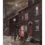 TOM BROWN PAIR OF SMALL COLOUR PRINTS 'Corner Shops by Moonlight' 5 3/4" x 5" (14.5 x 12.5cm) (2)