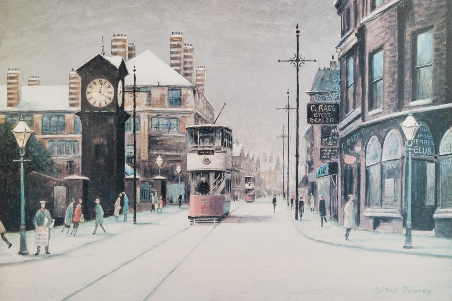 ARTHUR DELANEY ARTIST SIGNED LIMITED EDITION COLOUR PRINT Main Street Altrincham with trams Signed