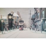 ARTHUR DELANEY ARTIST SIGNED LIMITED EDITION COLOUR PRINT Main Street Altrincham with trams Signed