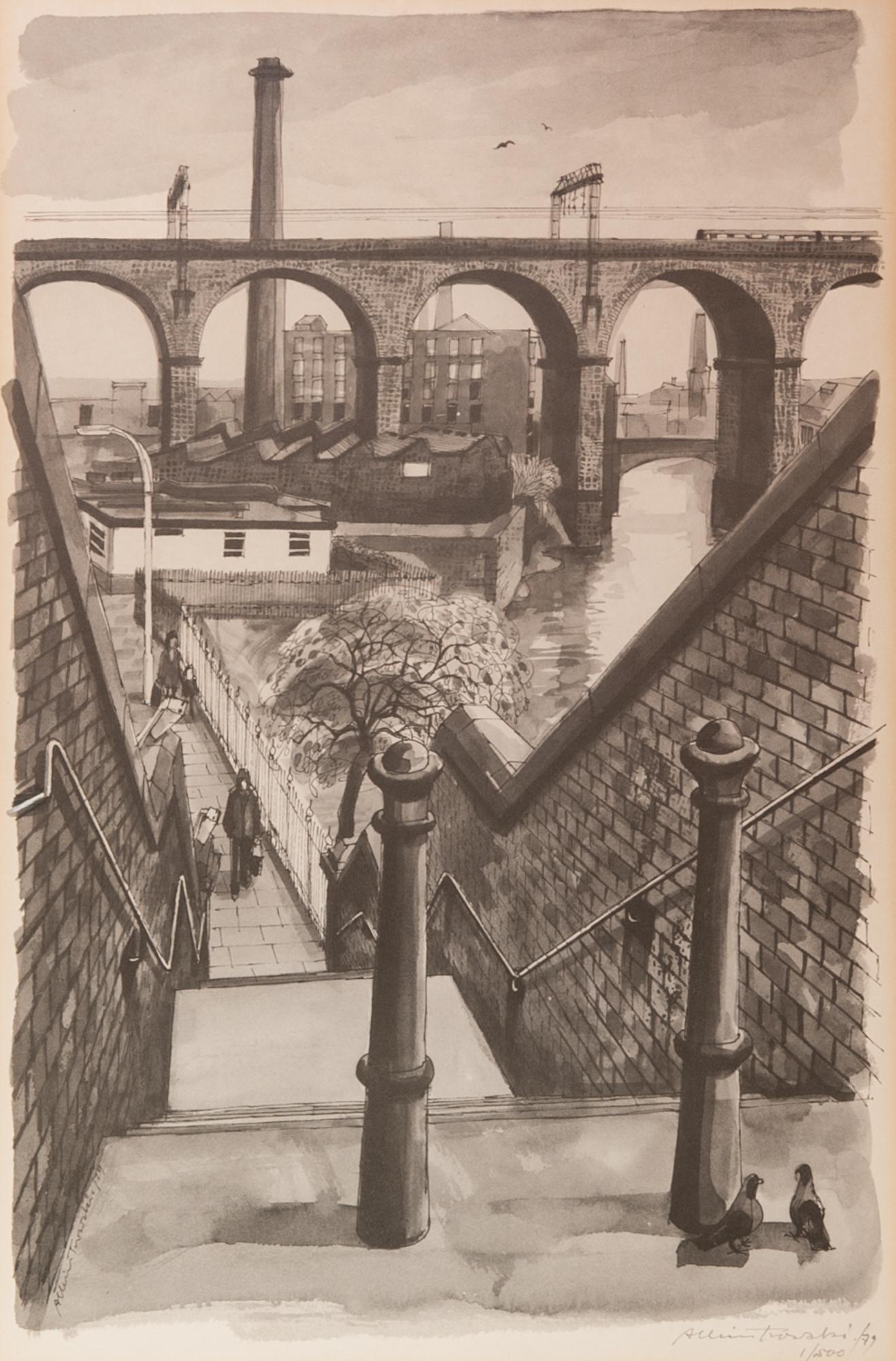 ALBIN TROWSKI (1919-2012) ARTIST SIGNED LIMITED EDITION BLACK AND WHITE PRINT Stockport Steps with