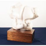 DAWN ROWLAND (20th/21st CENTURY) CARVED WHITE ALABASTER MOUNTED ON WOODEN BASE ?Adams Rib? Unsigned,