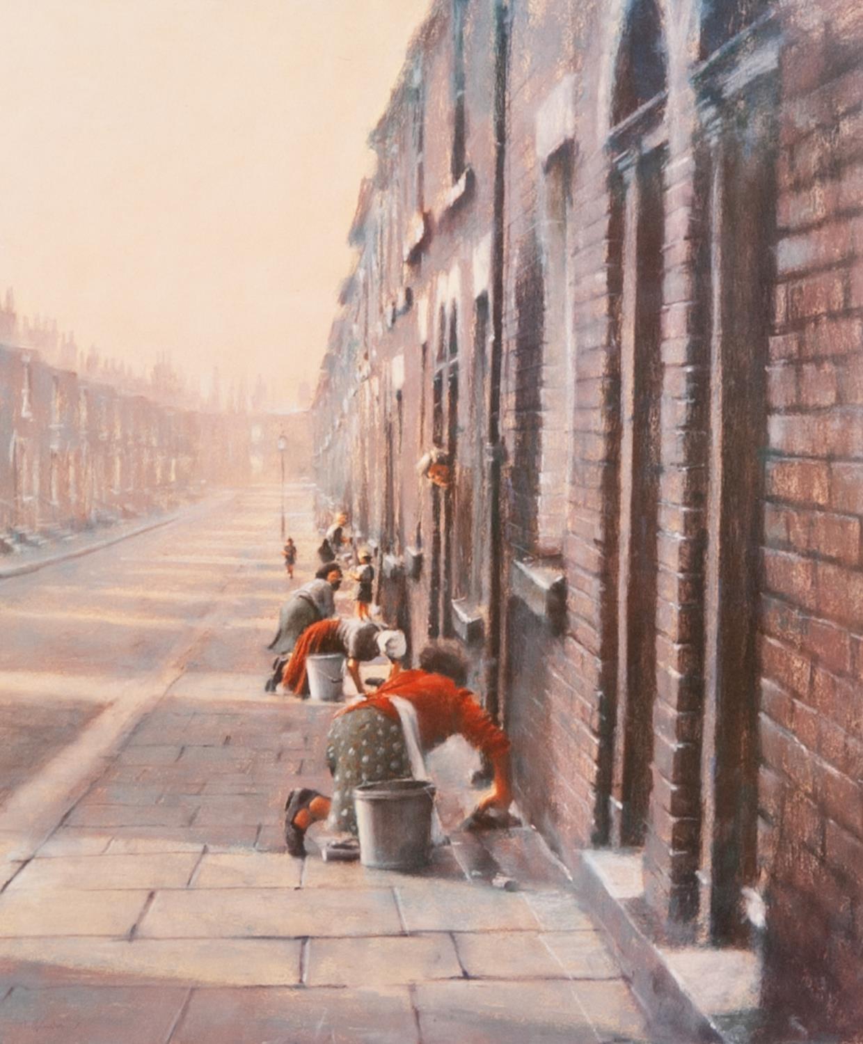 MARC GRIMSHAW ARTIST SIGNED LIMITED EDITION COLOUR PRINT Terraced street scene with women cleaning