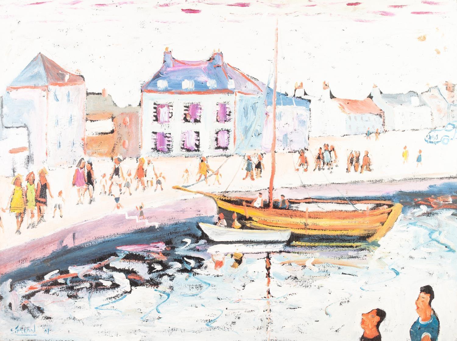 ?SIMEON STAFFORD OIL PAINTING ON BOARD Harbour scene with figures boats Signed lower left and