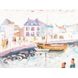 ?SIMEON STAFFORD OIL PAINTING ON BOARD Harbour scene with figures boats Signed lower left and