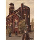 ROGER HAMPSON (19125 - 1996) OIL PAINTING ON BOARD 'Derelict Church, Ancoats' Signed lower right,