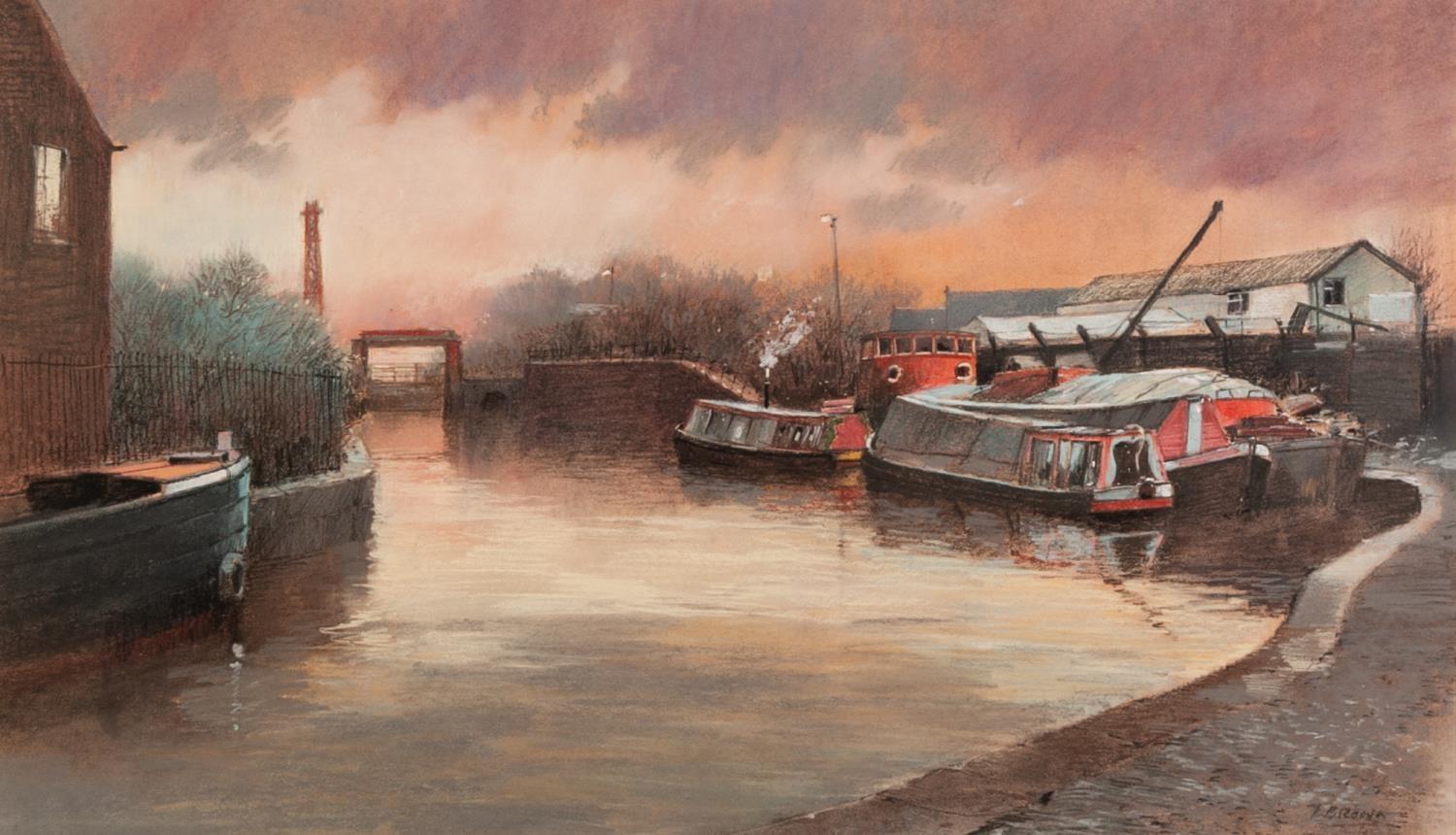 TOM BROWN (1933 - 2017) PASTEL Canal barge in a canal basin on a winter's day at sunset Signed lower