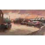 TOM BROWN (1933 - 2017) PASTEL Canal barge in a canal basin on a winter's day at sunset Signed lower