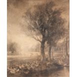 GEORGE SHEFFIELD (1839-1892) CHARCOAL DRAWING Rural landscape with trees in the foreground and stone