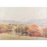 BOB RICHARDSON (b.1939) PASTEL Tree lined river landscape with hills in the distance Signed 15 ¼?
