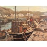 COLIN C HILTON OIL PAINTING ON CANVAS Quayside scene 'Getting Shipshape Skye' Signed lower left,