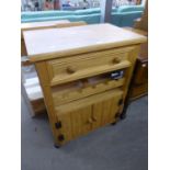 AN 'ADSHEAD' LIGHTWOOD KITCHEN WORK TABLE WITH HARDWOOD TOP, SINGLE DRAWER, WINE RACK AND CUPBOARD