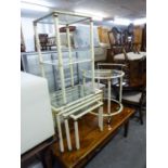 A SUITE OF FIVE PIECES OF WHITE ENAMELLED AND GILT METAL FURNITURE, VIZ A CIRCULAR COCKTAIL TROLLEY,