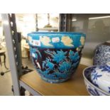 MINTON MAJOLICA CHINOISERIE JARDINIERE (A.F.) AND AN ORIENTAL BLUE AND WHITE BOWL, 8" DIAMETER