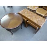 RETRO NEST OF TABLES, HAVING TILED TOP, ONE LONG AND TWO SHORT AND A REPRODUCTION ROUND COFFEE TABLE