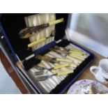 A CASED SET OF SIX ELECTROPLATE FISH KNIVES AND FORKS, AND A PAIR OF FISH SERVERS WITH BONE HANDLES,