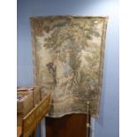 WALL HANGING DEPICTING MAN AND A LADY ON HORSE BACK WITH BOY WITH TWO HOUNDS, 5' X 3'5"
