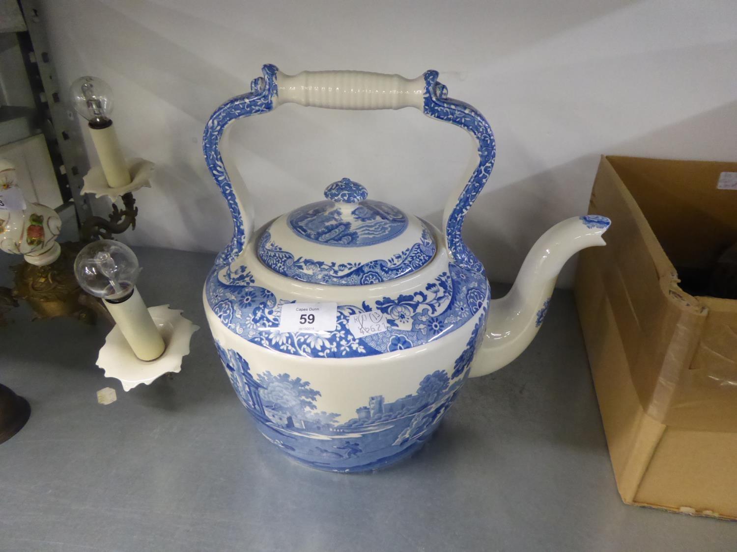 VERY LARGE POST WAR SPODE BLUE NAD WHITE POTTERY TEA KETTLE AND COVER' ITALIAN' LANCSCAPE PATTERN