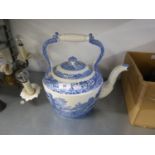 VERY LARGE POST WAR SPODE BLUE NAD WHITE POTTERY TEA KETTLE AND COVER' ITALIAN' LANCSCAPE PATTERN