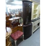 A REPRODUCTION FLOOR STANDING CORNER CUPBOARD AND A PINK FABRIC DRESSING TABLE STOOL, RAISED ON