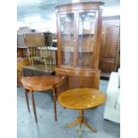 REPRODUCTION CHERRY CORNER DISPLAY STAND, DEMI-LUNE TABLE AND AN OCCASIONAL TABLE (3)