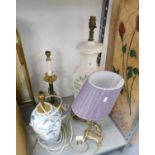 FOUR VARIOUS TABLE LAMPS, TWO CERAMIC, CANDLE SHAPE LAMP AND A BRASS CHERUB BASE TABLE LAMP (4)