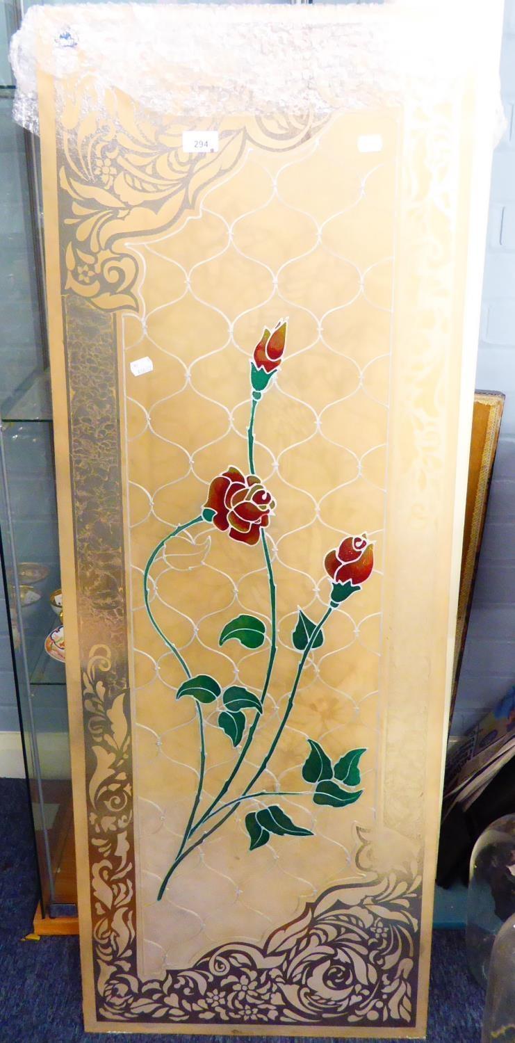 A MODERN FROSTED AND FLORAL DECORATED GLASS PANEL