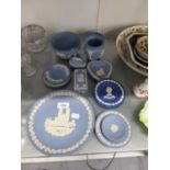 WEDGWOOD BLUE AND WHITE JASPERWARES, INCLUDING A CHURCHILL DISH