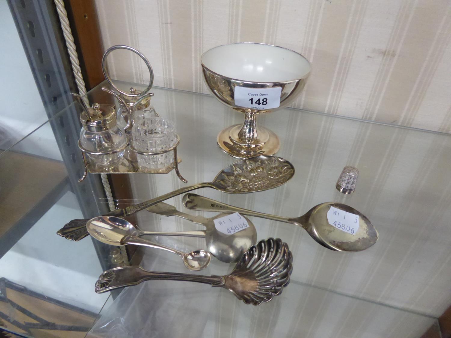 SILVER TEASPOON WITH SMALL GROUP OF SILVER PLATE SPOONS, THIMBLES ETC....