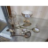 SILVER TEASPOON WITH SMALL GROUP OF SILVER PLATE SPOONS, THIMBLES ETC....