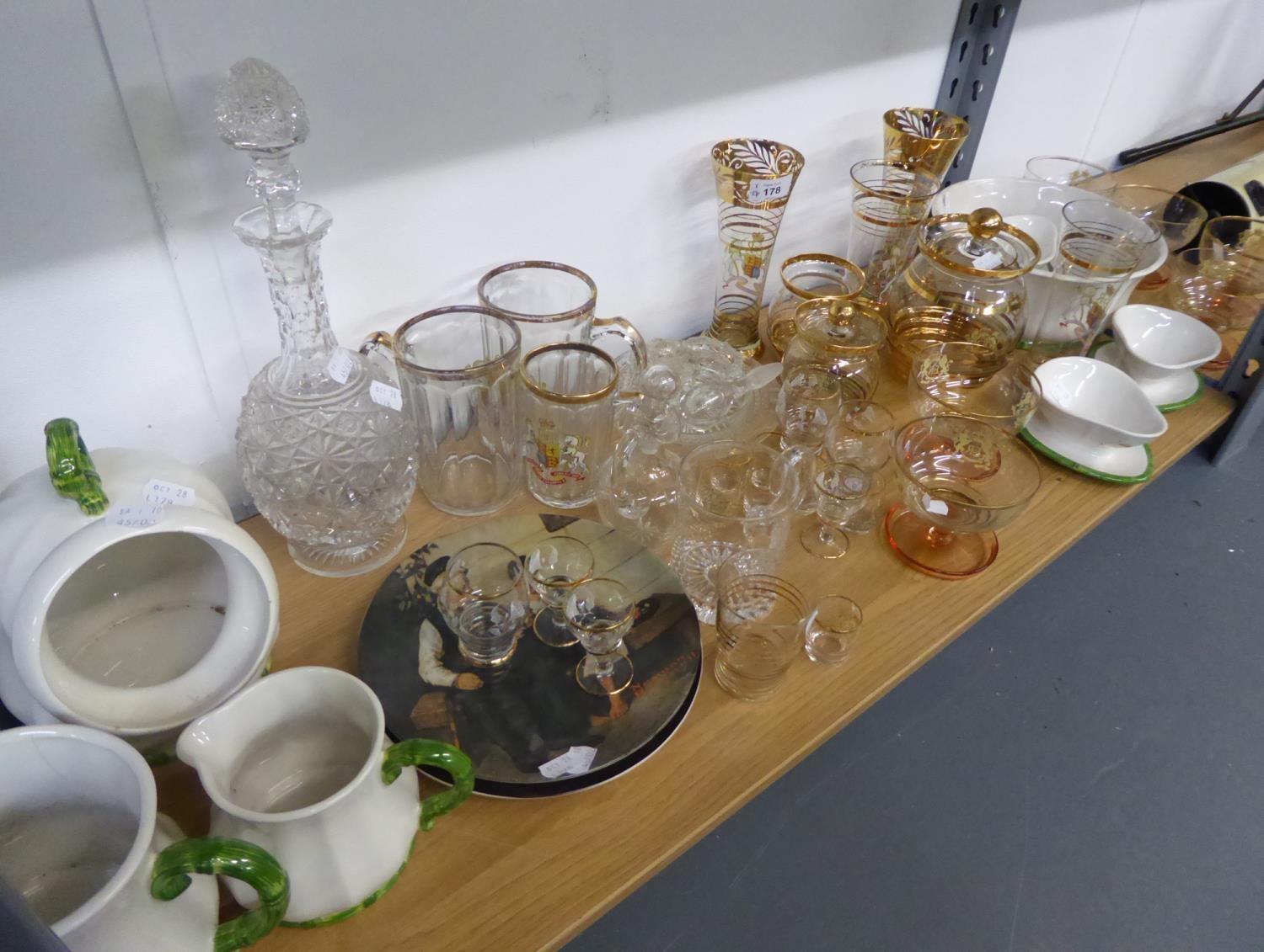 ROYAL WINTON POTTERY KITCHEN WARES INCLDUING; SALT STORAGE JAR AND TWO JUGS, SUITE OF GLASSWARES