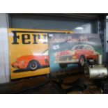 TWO ENAMELLED TIN ADVERTISING SIGNS, ?CHEVY 1955 BEL AIR? AND ?FERRARI 250 GTO?, 12? X 16?