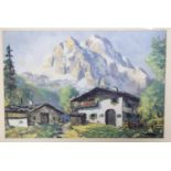 MODERN COLOUR PRINT, alpine landscape with dwelling in the fore ground, 3 1/2" x 5 1/2" (9cm x 14cm)