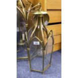 GEORGIAN STYLE MODERN GILT METAL HEXAGONAL SINGLE LIGHT SMALL HALL LANTERN, with Gothic arch