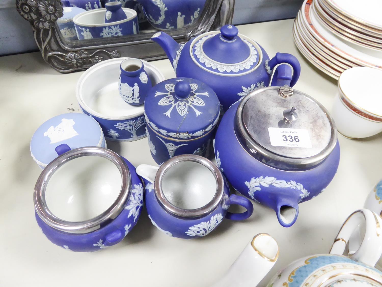 LATE 19th CENTURY WEDGWOOD BLUE AND WHITE JASPER WARE TEA SET of three pieces, with electroplate