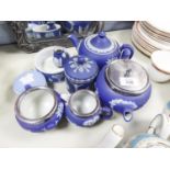 LATE 19th CENTURY WEDGWOOD BLUE AND WHITE JASPER WARE TEA SET of three pieces, with electroplate