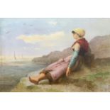V. GOSSENS (EARLY TWENTIETH CENTURY) HAND PAINTED PORCELAIN TILE waiting for the catch, coastal view