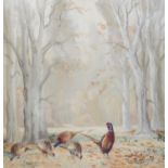 REUBEN WARD BINKS (1880-1950) WATERCOLOUR DRAWING pheasants in a wooded clearing signed 15 1/2" x 15