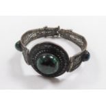 WHITE METAL FILIGREE HINGED BANGLE set with three cabochon malachite stones