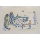 ALBIN TROWSKI, ARTIST SIGNED LIMITED EDITION COLOUR PRINT, tramps, figures and pigeons around a park