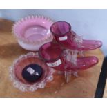 THREE PIECES OF VICTORIAN CLEAR GLASS MOUNTED CRANBERRY GLASS, comprising: PAIR OF CORNUCOPIA VASES,