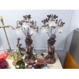 TWO MODERN ART NOUVEAU STYLE BRONZED RESIN SEATED SEMI-DRAPED FEMALE FIGURE TABLE LAMPS, each