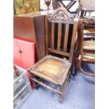 EARLY TWENTIETH CENTURY STAINED AND CARVED FRUITWOOD SINGLE CHAIR, the pierced floral carved