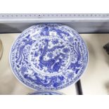 CHINESE BLUE AND WHITE PORCELAIN CIRCULAR DISH, the centre decorated with a five-toed dragon, the