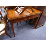 GEORGIAN STYLE MODERN REPRODUCTION FLAME CUT MAHOGANY CARD TABLE, the oblong swivel top enclosing