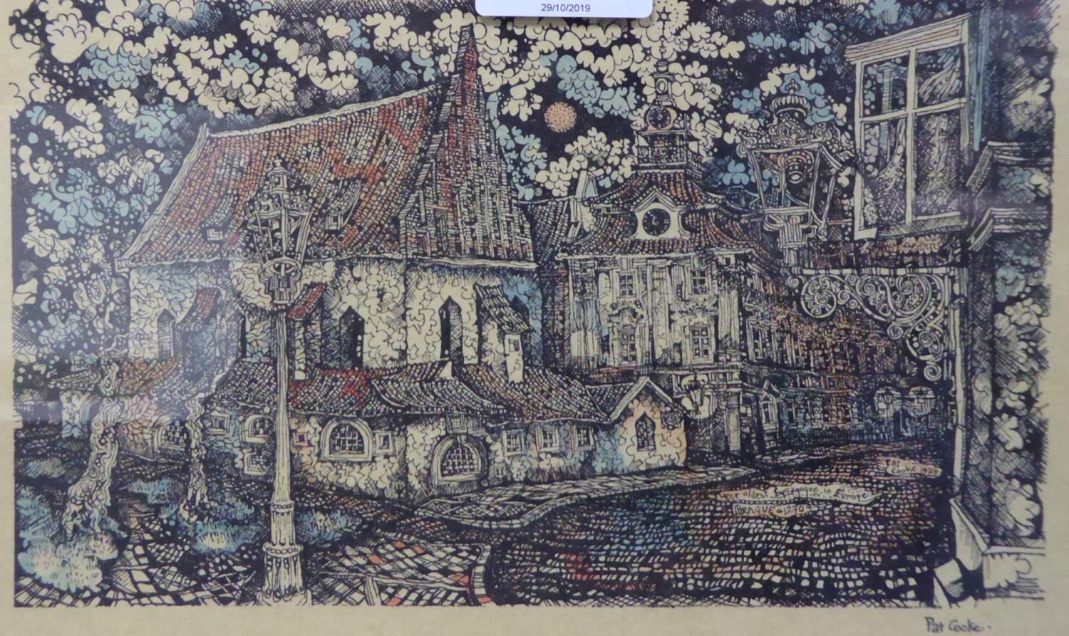 PAT COOKE COLOUR PRINT 'The Oldest Synagogue in Europe, Prague, 1270' 5 1/4" x 9" (13.3cm x 22.9cm)