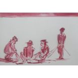 ATTRIBUTED TO JOSEF HERMAN (1911-2000) RED PEN AND WASH 'Fishermen Mending Nets' unsigned,