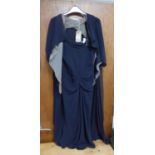 ROLAND MOURET, LADIES DARK BLUE DRESS, UK, SIZE 10, AND MATCHING SHAWL WITH GREY TRIM, UK SIZE